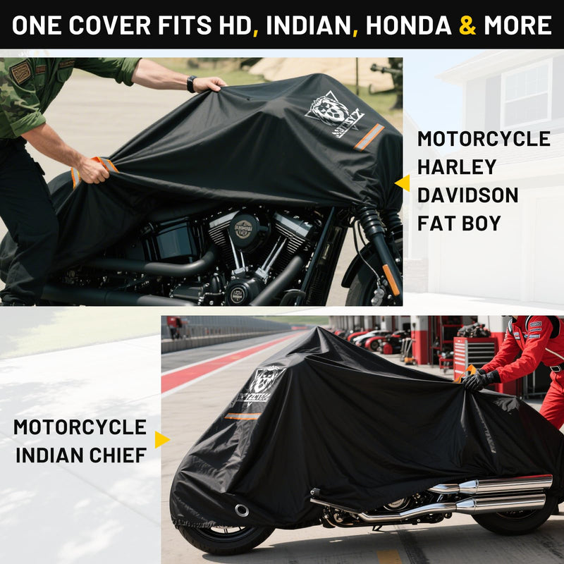 XYZCTEM Motorcycle Cover Waterproof Outdoor All Season Protection Motorcycle Storage Night Reflective Handles with Lock-Holes Storage Bag Fits up to 108" Motorcycle Vehicle Covers, Black 108"