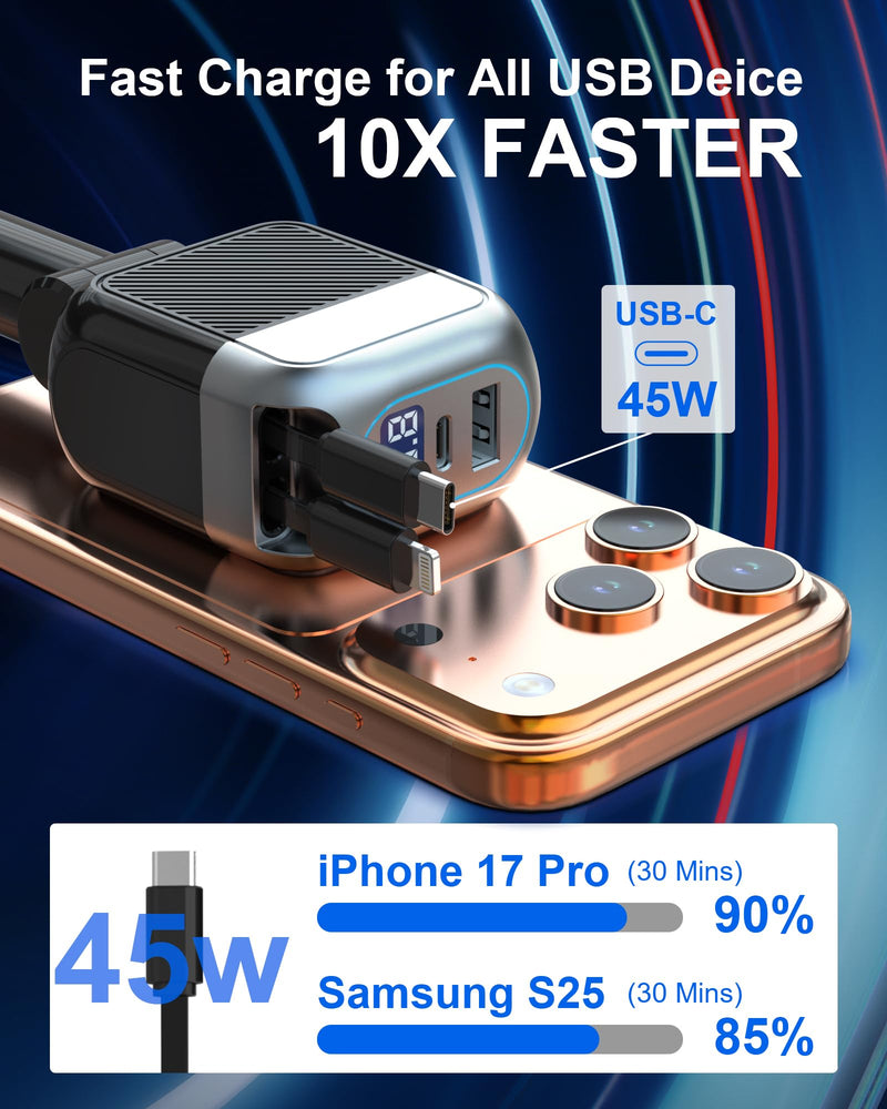 87W Retractable Car Charger, Cigarette Lighter USB Charger for iPhone 17 | 4-in-1 Car Phone Charger USB C Fast Charge Adapter for iPhone 17 16 15 14 13 12, Sumsung Travel Essentials Car Accessories USB C Cable / Lightning Cable