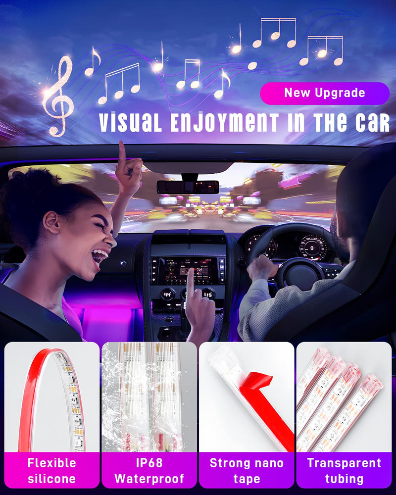 StoneBanks Car Strip Lights Interior, LED RGB USB C Under Dash Lighting, 12V Footwell Neon Internal Lights Kit, Smart APP Control and Remote Dual Control, Multicolor Music Mode and DIY Mode 48 LEDs