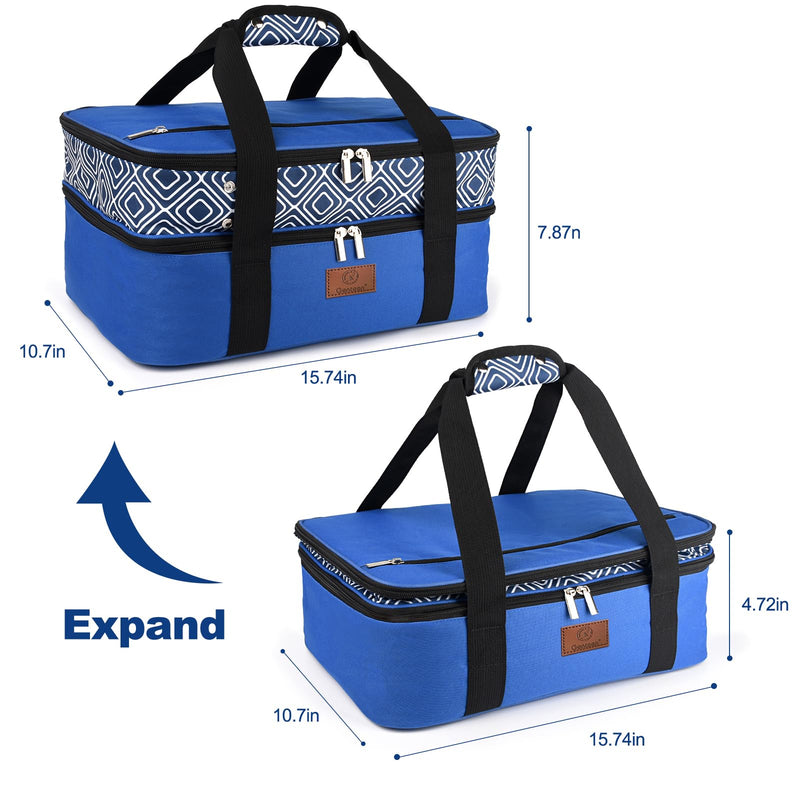 Genteen Insulated Casserole Carrier,Expandable Double Insulated Food Carrier for Hot and Cold Food, Fits 9x13 Casserole Dish,Lasagna Holder Tote for Parties Potluck Picnic (Blue)