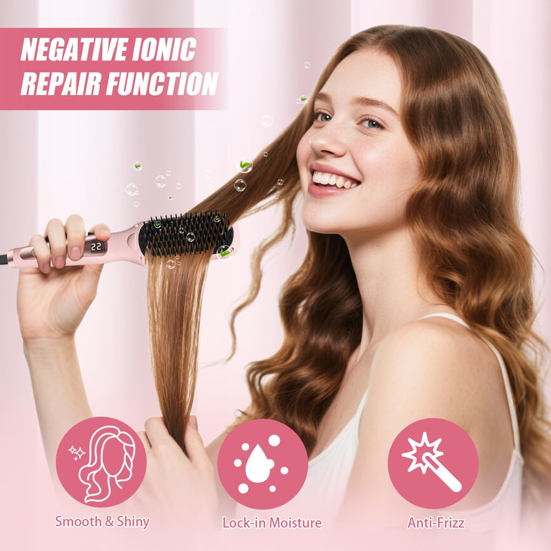 [AUSTRALIA] - Hair Straightener Brush, Portable Travel Straightening Brush Heated Styling Hot Brush for Women, 6 Temps (120℃~220℃) LED Display, Fast Heating Hot Air Styler for Hair Styling(Pink) Pink