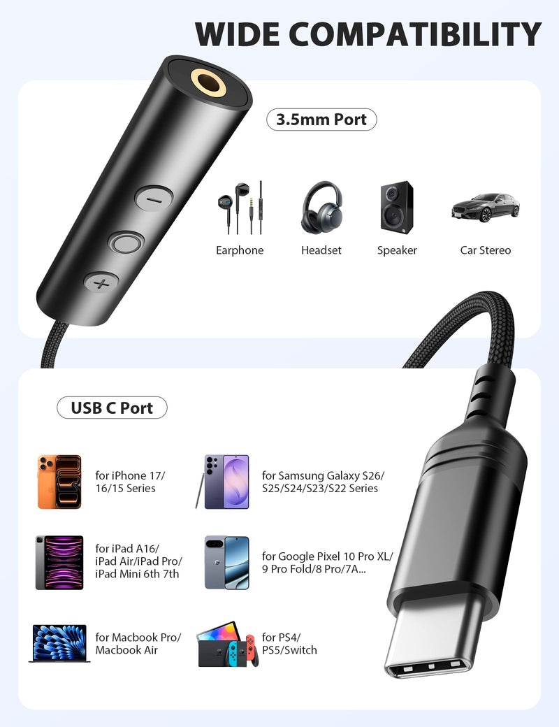 USB C to 3.5mm Headphone Aux Jack Adapter Cable with in-Line Control | Type C to 3.5mm Audio Converter AUX Dongle Braided Cable Type C Earbuds Adapter for iPhone 17 16 15/Samsung S26 S25 S24,Black Black