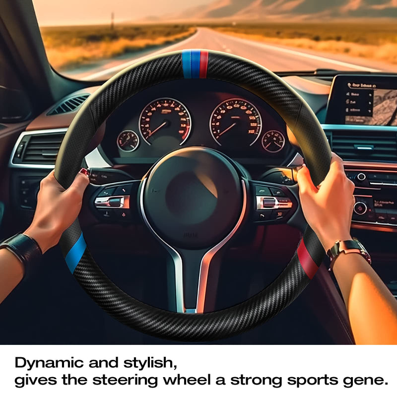  [AUSTRALIA] - Carbon Fiber Steering Wheel Cover, Non-Slip and Sweat Absorbent, 15" Steering Wheel Covers for X5 X3 Men Women, Black BLACK ///