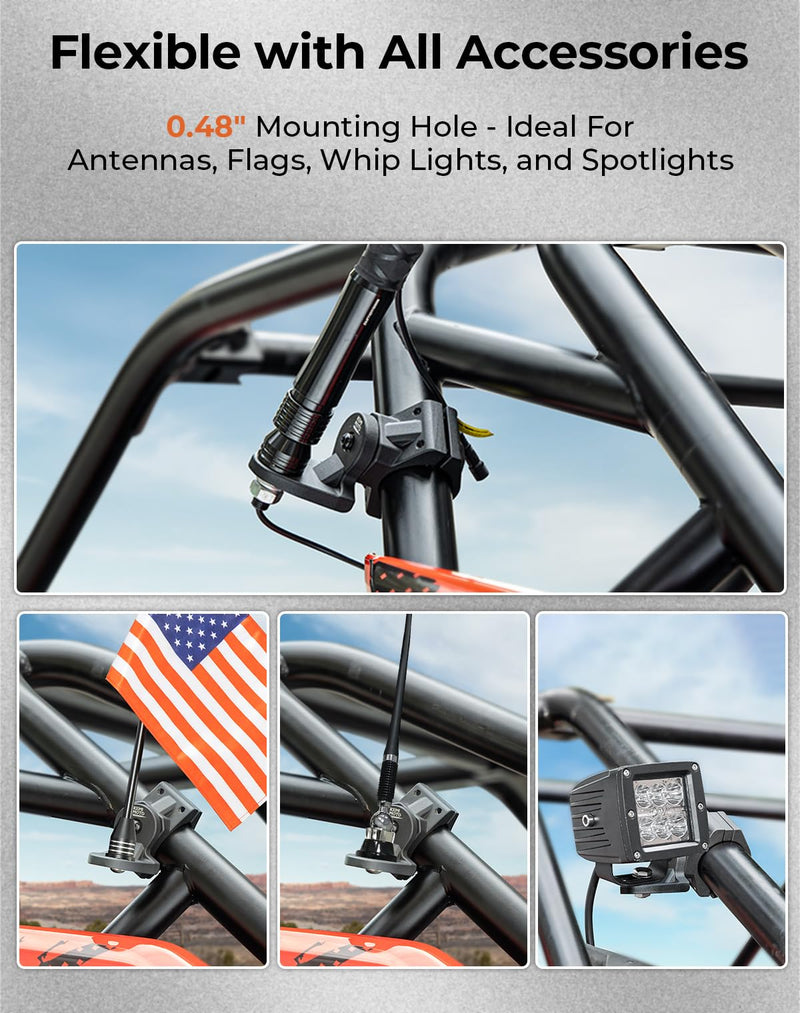 KEMIMOTO UTV Whip Mount Flag Light Mounting Bracket 1 PCS, Heavy Duty Adjustable for 1.75-2 inch Roll Bar Cage Compatible with Polaris RZR 900 1000 XP Pro Turbo Can Am Maverick X3 Commander