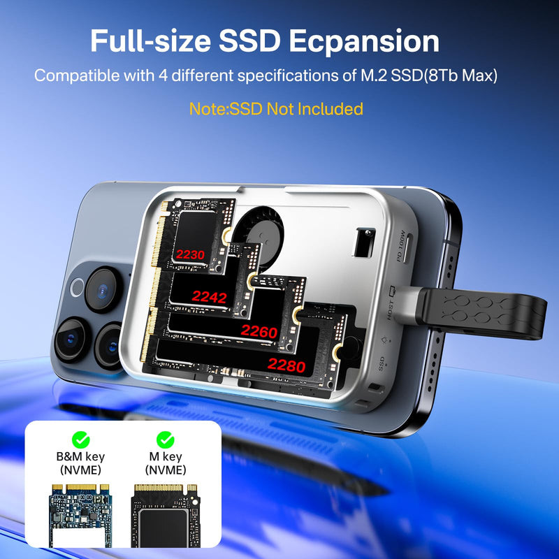 ACASIS 10Gbps Magnetic M.2 NVMe SSD Enclosure & USB C Docking Station with Cooling Fan for iPhone 17/16/15 Pro/Pro Max/Plus,Tool Free Installation,Support SSD Size 2230/2242/2260/2280 B+M M-Key Grey