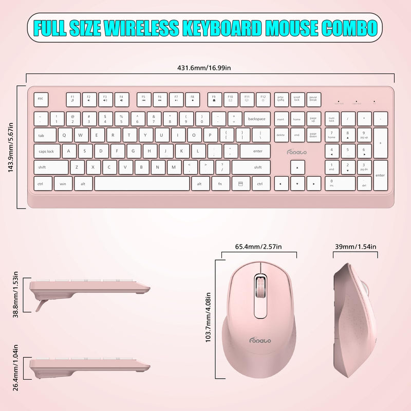 Wireless Keyboard and Mouse Combo Quiet for PC, Laptop and Mac - Pink | Single USB Receiver, Full Size with Number Pad, Silent, Low-Profile, Light Weight, Works with Windows & Mac for Home & Office