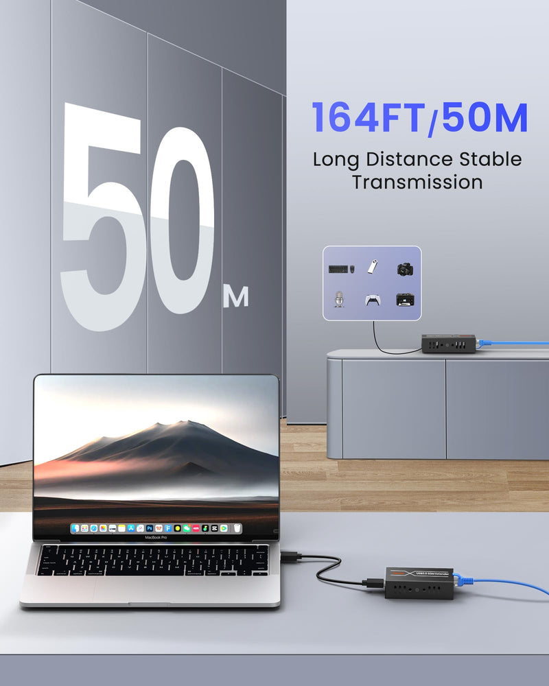 avedio links 164ft/50m USB Extender Over Cat6/7, 4 USB 2.0 Ports Single Ethernet Extender with POC Power Supply, ESD Protection, Plug and Play for Webcam, Keyboard, Mouse, Printer USB2.0 Extender 164ft/50m