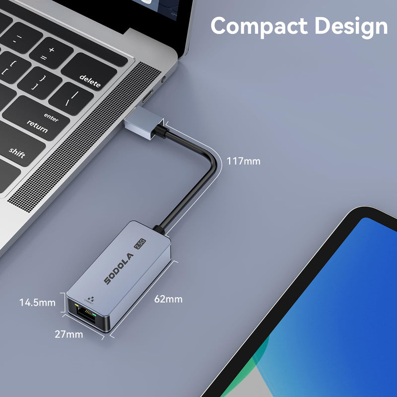 Sodola USB to Ethernet Adapter 2.5Gb, Ethernet Adapter for Laptop, Aluminum, USB 3.0 to RJ45 Network Internet LAN Adapter, Compatible for NAS,Laptop,Tablet, PC Unter Windows 11/10/8, macOS USW SL-2.5GU