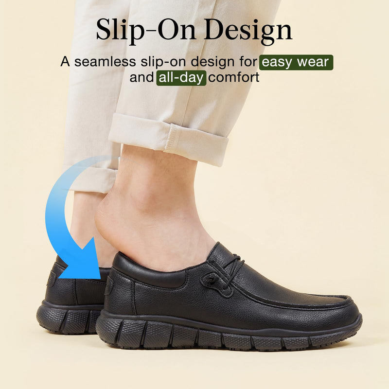 NINGO Non Slip Work Shoes for Men, Comfortable Slip On Restaurant Shoes, Lightweight Mens Food Service Shoes with Water & Oil Resistant, Breathable Black Walking Loafers for Chef, Kitchen 10.5