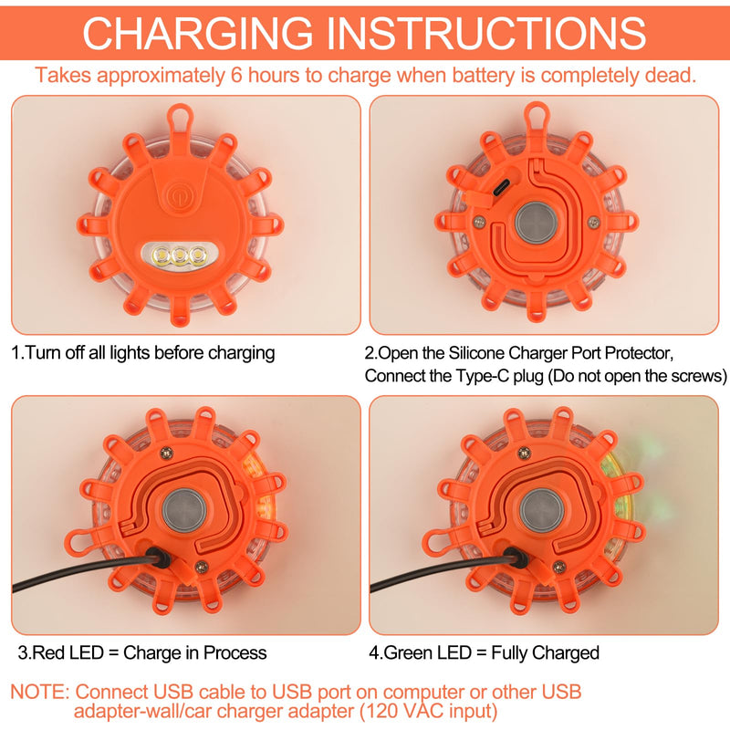AK LED Road Flares Rechargeable Safety Flashing Warning Light Roadside Emergency Disc Beacon Kit for Vehicles Boats with Magnetic Base & Hook & USB Charging Cables (1 Pack) 1