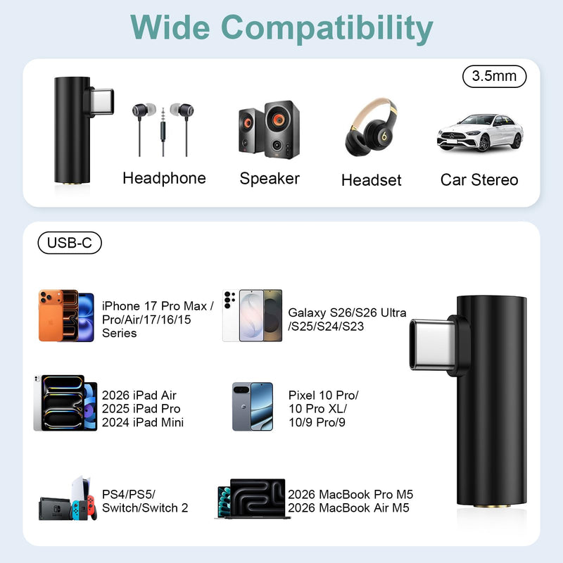 USB C To 3.5mm Audio Adapter,USB TypeC to Headphone Jack Dongle Aux Adapter | DAC Stereo HiFi Right Angle for iPhone 17 16 15,iPad Pro,Samsung Galaxy A17 A16 A37 S26 Ultra S25 Plus A36 A57 S24 FE S23 Black