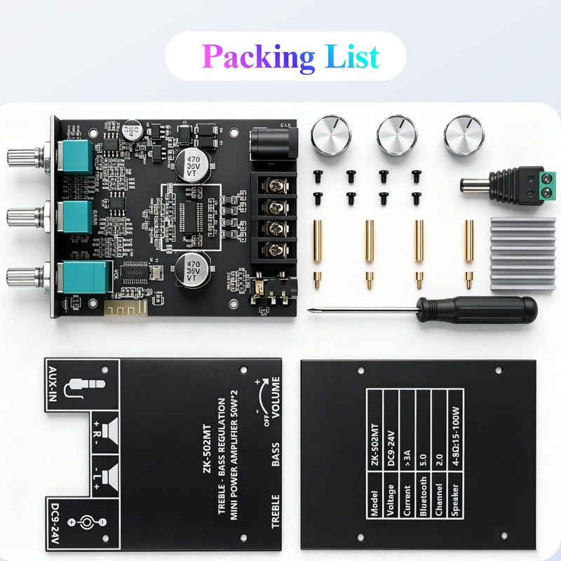 ZK-502MT Bluetooth Amplifier Board, 50W+50W with Treble and Bass Control | DC 9-24V, Bluetooth and AUX Inputs, Audio Amp Board for Home Audio DIY Wireless Speakers ZK-502MT