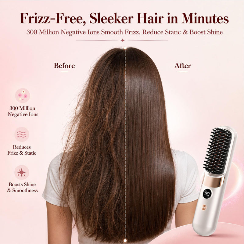  [AUSTRALIA] - Glow Wave Heated Brush, Cordless Hair Straightener Brush - Portable Rechargeable Ceramic Hair Styling Brush with 4 Adjustable Heat Modes & LED Display, Perfect for Travel & Everyday Use