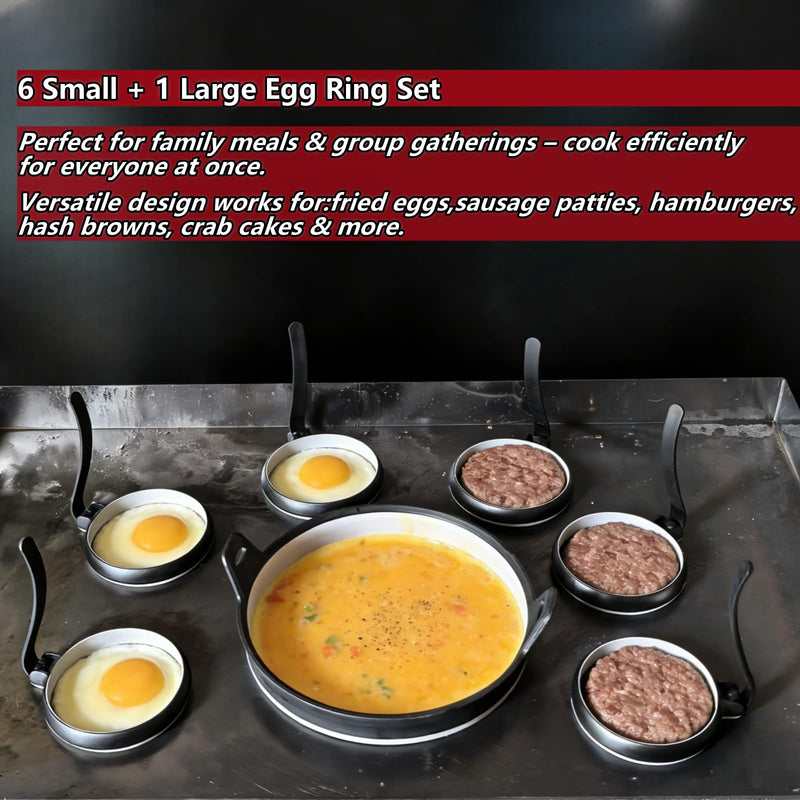Nonstick Silicone Egg & Omelet Ring Kit,4" Egg Rings & 8" Omelet Ring, Egg Rings for Frying Eggs, Pancakes, Patties and English Muffins, 7 Piece Set (BLACK) BLACK