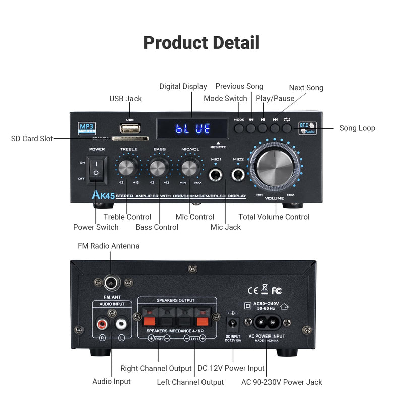 Bluetooth Stereo Receiver &Home Audio Amplifier, 300Wx2 2-Channel for Home Theater & Bookshelf Speakers, w/FM Radio Karaoke, w/USB/SD/RCA/MIC/FM in, with Remote Control, for Garage Bar Party