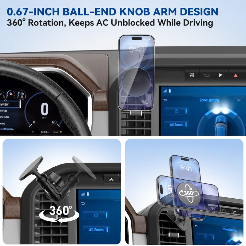 Surfcabin CNC Magnetic Vent Phone Holder for 2021-2026 Ford F150 | 2021-2026 Super Duty F250 F350 F450, Full Metal Bracket, No Shake, No Block Airflow, 360° Rotation, Fits Most CellPhones Compatible with F150 2021-2026 with Metal Arm