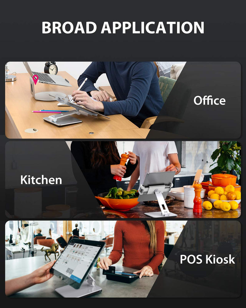 Maxonar Tablet Stand for Desk, 360° Adjustable Aluminum Alloy Swivel iPad Charging Tablet, iPad Pro Air Mini Tablet Holder for Bed Store POS Showcase Kitchen Office Drawing Desktop (6-13''), Silver