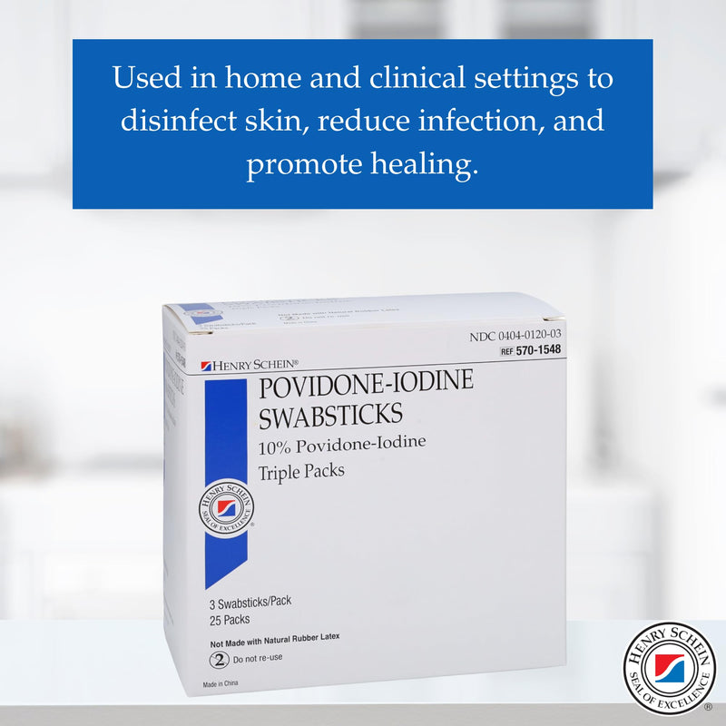 Henry Schein Prep Povidone-Iodine Swabsticks 3's, Individually Packed, Sterile, Antiseptic for Skin Preparation, 10% Povidone-Iodine- 50 Count (Pack of 2) White 50 Count (Pack of 2)