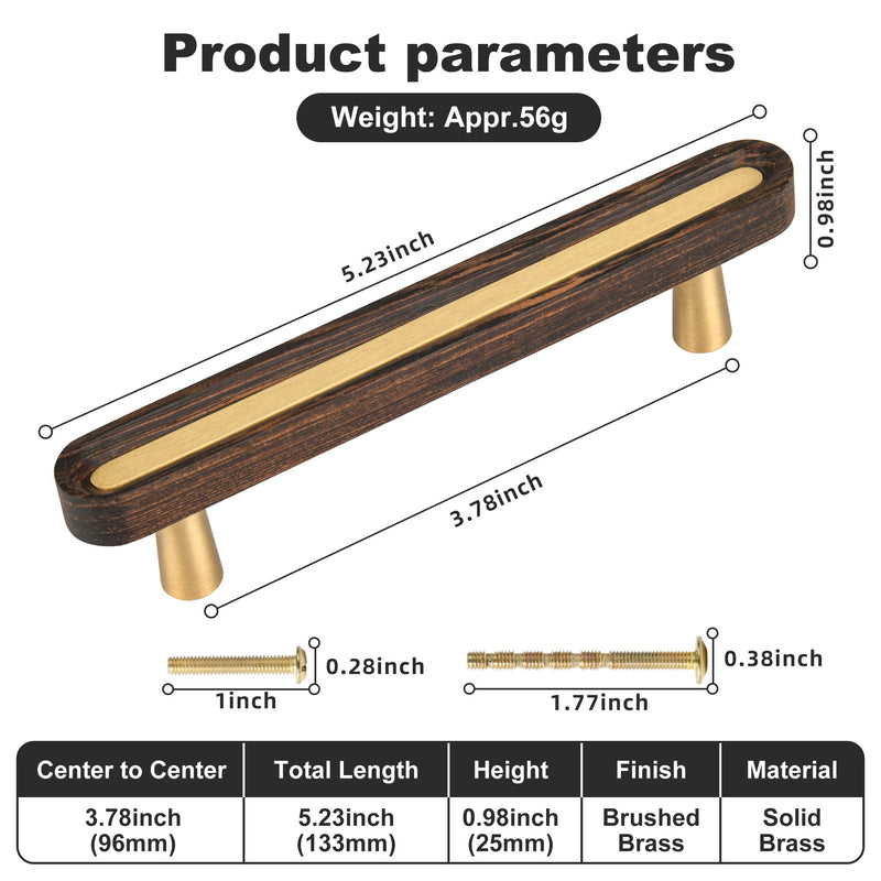 SALISENG-Solid Brass and Wooden Kitchen Cabinet Pulls, 5 Pack 3-3/4 Inch Brass Dresser Drawer Handles, Modern Furniture Hardware Pulls for Bathroom Bedroom Living Cabinets 3-3/4 Inch Hole Centers