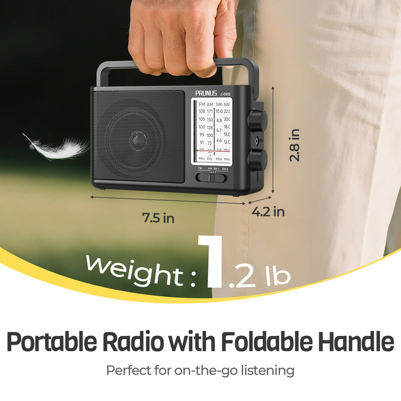 PRUNUS J08 Portable Radio AM FM with Solar, Battery and USB Charging | Loud Speaker, Excellent Reception, Big Knobs Easy to Use for Senior, for Indoor and Outdoor, Transistor Radio