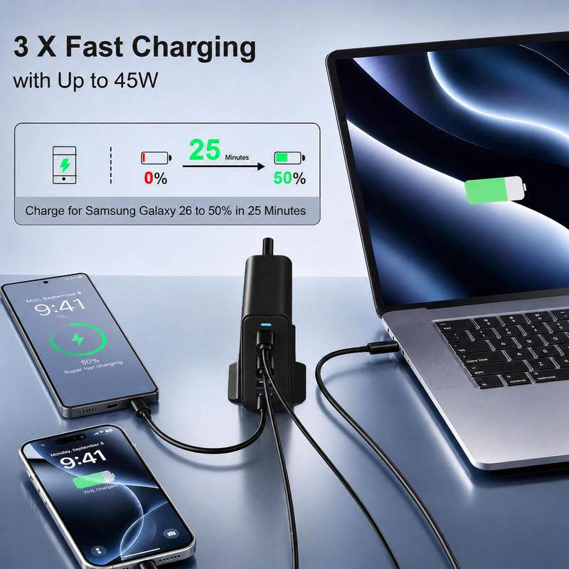 180W GaN Charging Station, 6 Port Desktop Charger, 3 Ports 45W | Fast Charging Block for Multiple Devices, 3 USB C 45W, 3 USB A 15W, Work for Samsung Galaxy, MacBook, iPhone, Home Office Black-180 3A+3C Ports