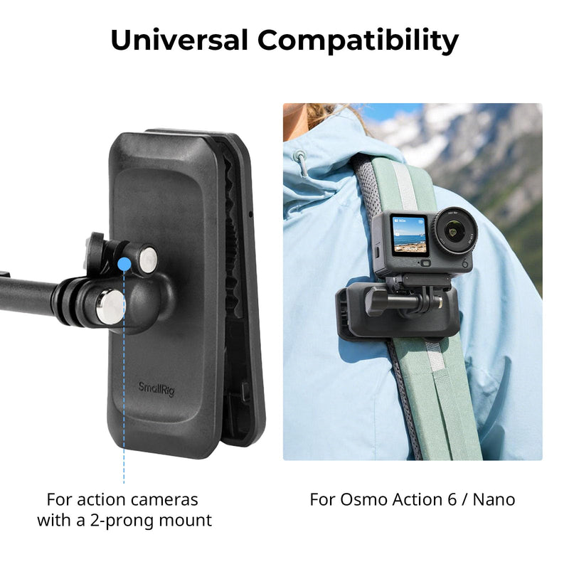 SMALLRIG Backpack Clip Mount for DJI Osmo Action 6/Nano, 360° Ball Head & 2-Prong Mount, Magnetic Adapter& Foldable Hook, POV Shooting for Hiking/Vlogging - 6307 Backpack Strap Clip