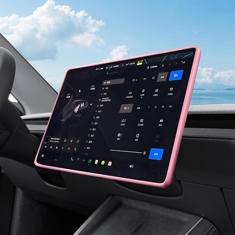 3PCS Center Console Accessories for Tesla New Model Y Juniper 2025 Model 3 Highland 2024 Cup Holder Insert, Screen Edge Protector Frame, Wireless Charger Mat Silicone, Pink New Model 3/Y