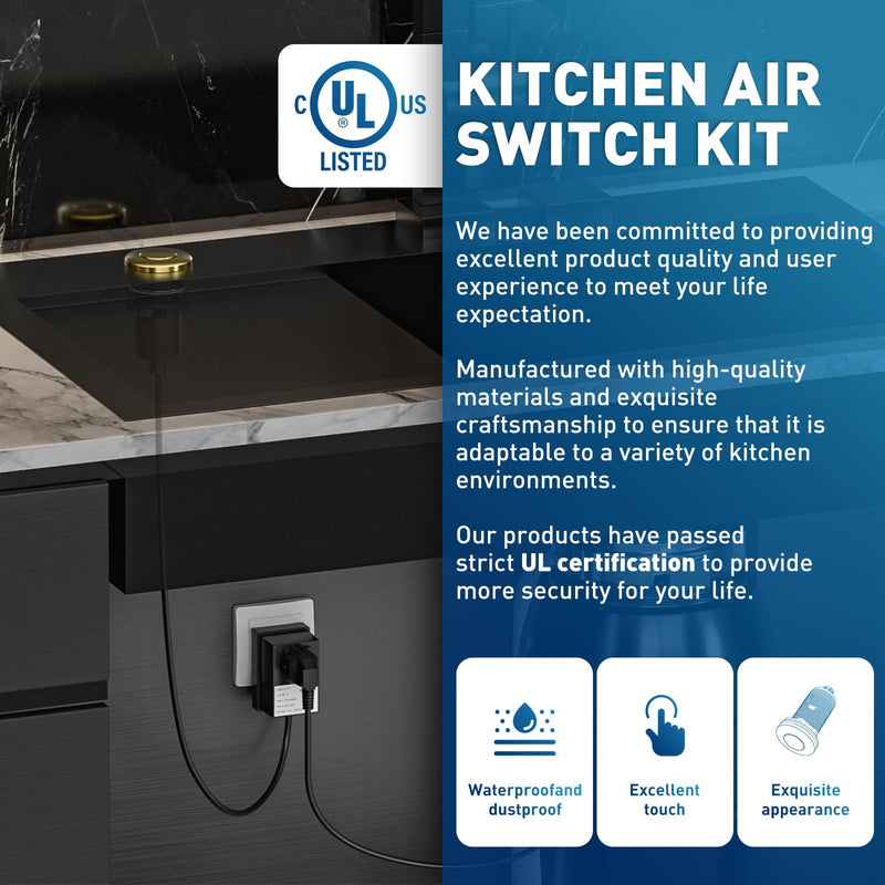 Garbage Disposal Air Switch Kit, UL Listed Sink Top Button Waterproof | Professiona Wireless Air Switch Set - Black Button Compatible with Moen, Kohler, and Delta Faucets Matte Black LONG/3.6"