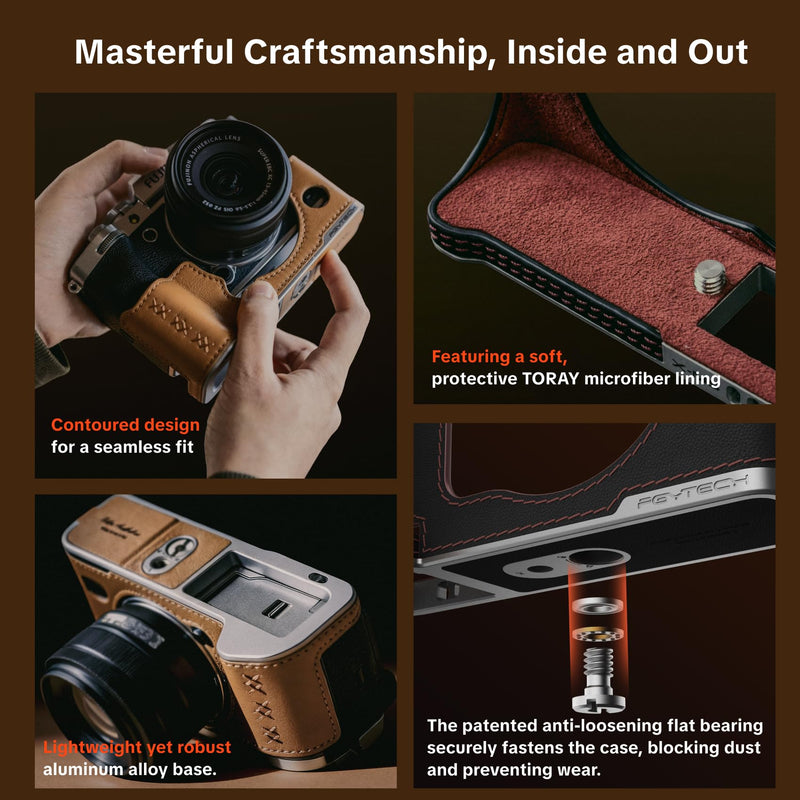 PGYTECH Genuine Leather Camera Half Case for FUJIFILM X-T5 Clay Brown | Classic Handcrafted Camera Protective Cover with Aluminum Baseplate, Retro Camera Case Cover, SD Card Slot & Quick Release