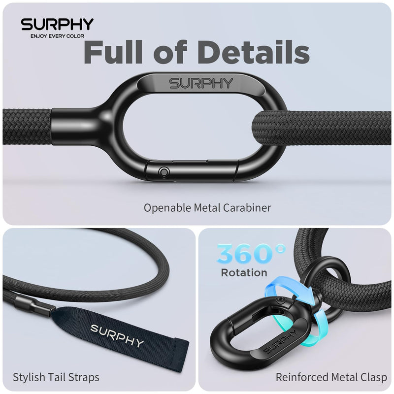 SURPHY Phone Lanyard Crossbody, Phone Strap Crossbody with 2 Tether Tabs | Easy Adjustable Cell Phone Lanyard, 7 mm Phone Strap, Premium Metal Buckles, Universal Lanyard for Women and Men Black