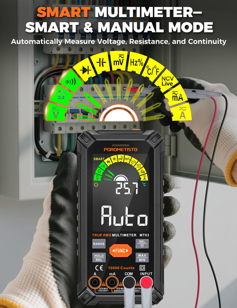 Smart Digital Multimeter Auto-Ranging,10000 Counts True-RMS | POROMETISTO Rechargeable Voltmeter Multimeter with NCV & Capacitance Check,Dual Fuse Electric Tester for HVAC & Automotive MT03