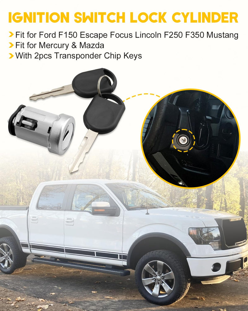 Ignition Switch Lock Cylinder with 2pcs Transponder Chip Keys Fit for Ford F150 F250 F350 Escape Focus Lincoln Mustang Mercury Mazda, Replacement 924-717 4L3Z11582BB