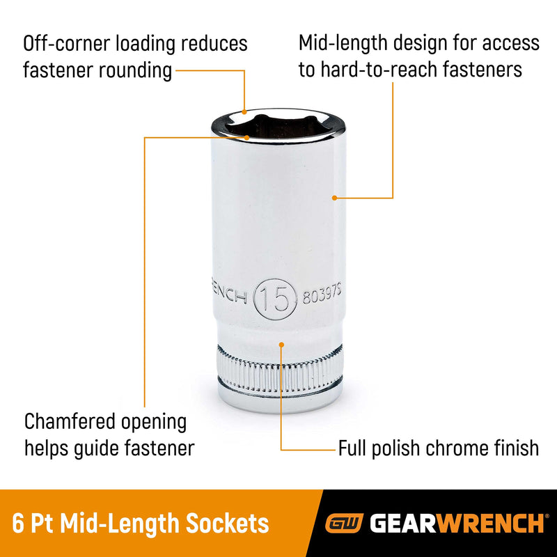 GEARWRENCH 14 Piece 3/8" Drive 6 Point Mid Length Metric Socket Set | 80554S