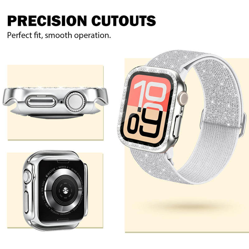 Bling Rhinestone Screen Protector Case Band for Apple Watch S11/10/SE/Ultra | riwoauoo 3-in-1 Glitter Diamond Hard PC Cover Built-inTempered Glass Film Nylon Sport Strap Women for iWatch 40/44/42/46/49mm Silver 40mm for SE 3/SE 2/SE/6/5/4