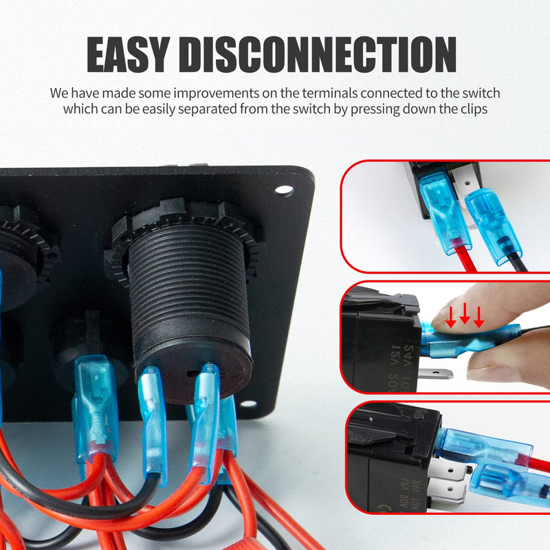 Upgrade Blue 5 Gang Marine Boat Rocker Switch Panel Circuit Breakers, Waterproof Switch Panel with 15A Inline Fuse for Truck RV, Digital Voltmeter USB Charger Port DC 12 Volt Power Outlet Socket