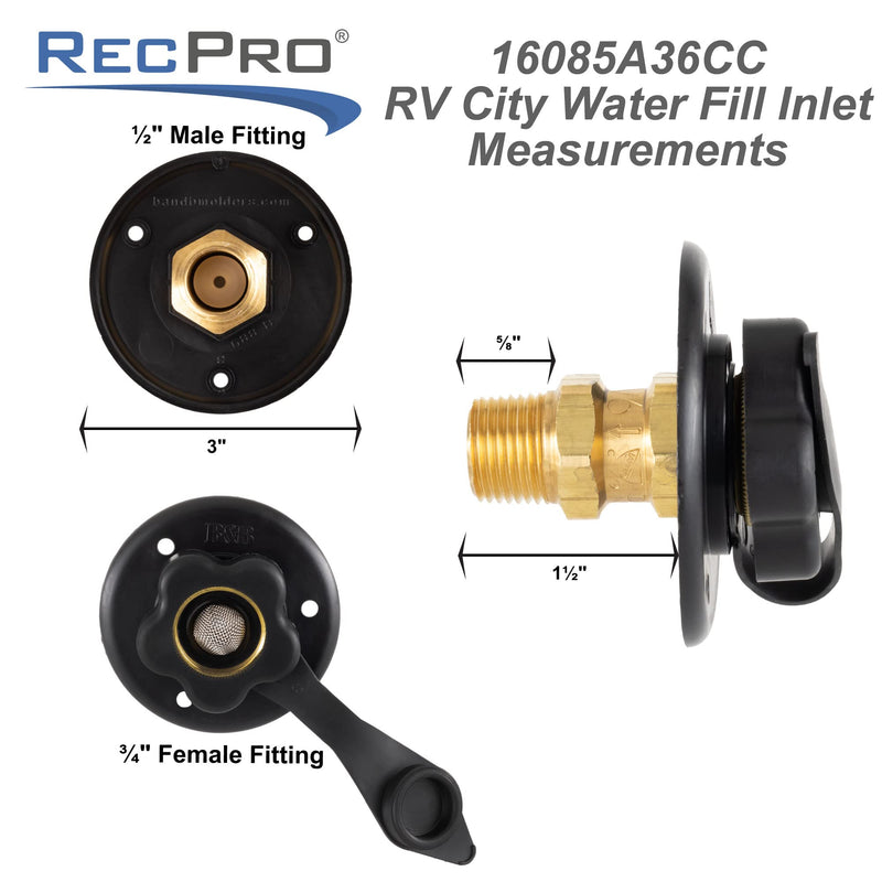 RecPro RV City Water Fill Inlet | Black | Optional Hose Elbow | Flange Brass with Check Valve | Camper | Trailer | Marine (No Hose Elbow) | Made in America No Hose Elbow