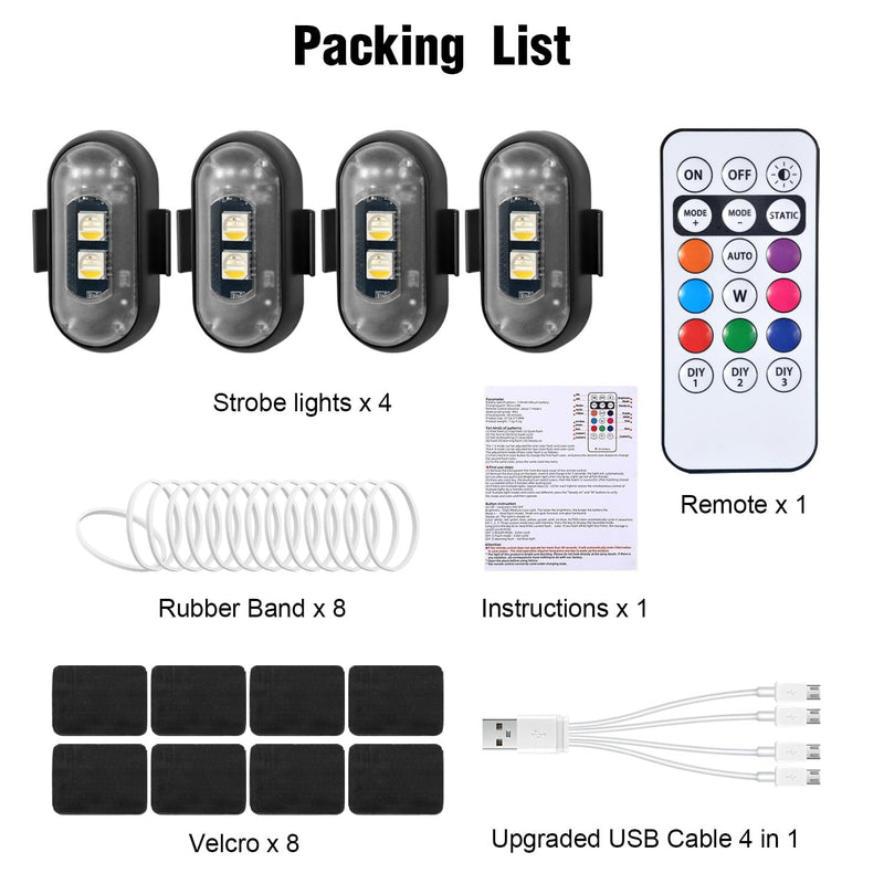 4PCS Wireless LED Strobe Lights with Remote Control, 8 Colors Rechargeable Led Lights Anti-Collision LED Emergency Warning Lights for Car Motorcycle Bike Drone Aircraft 4pcs