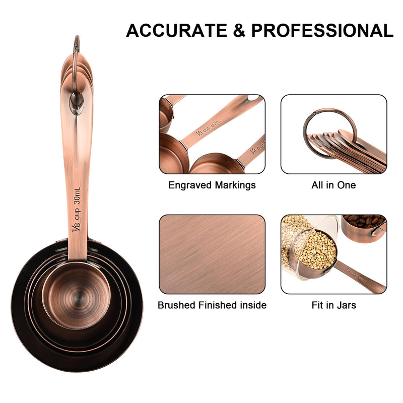 Copper Measuring Cups and Spoons Set 16, Dry&Liquid Stainless Steel Measuring Cups and Spoons, 7 Metric&US Measing Cups & 6 Measuring Spoons & Measure Equivalents for Kitchen&Baking A: 7cups+6spoons Copper