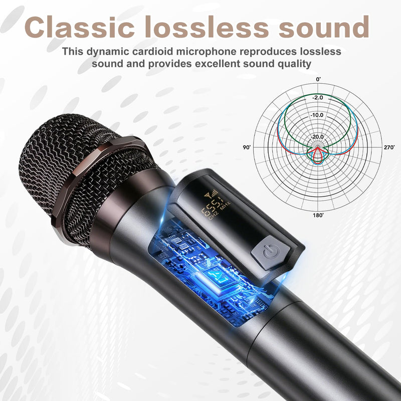 Wireless Microphone, Rechargeable Fixed Frequency Handheld Wireless Mic, Dual Cordless Dynamic Mic with Rechargeable Receiver-160ft Range, Karaoke Microphone for Party Singing Church Speech DJ Wedding Gray