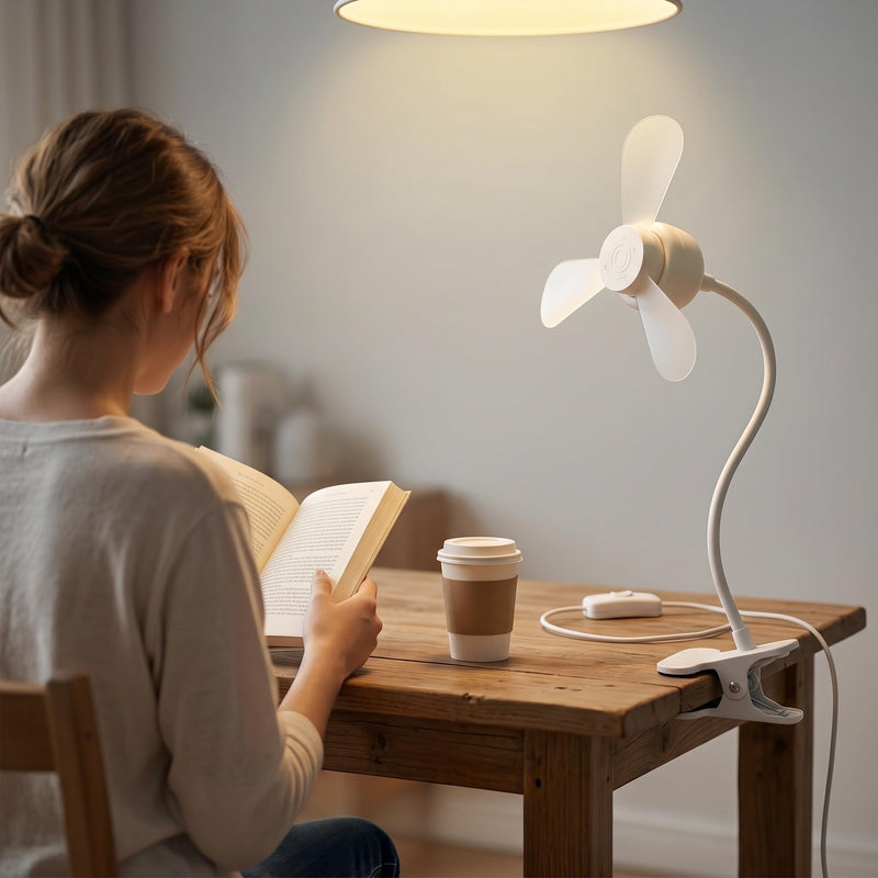 Clip-on USB Powered Fan and LED Lamp Combo, White, 360° Adjustable Flexible Gooseneck, 3000K, Quiet Operation, for Reading, Painting, and Sewing