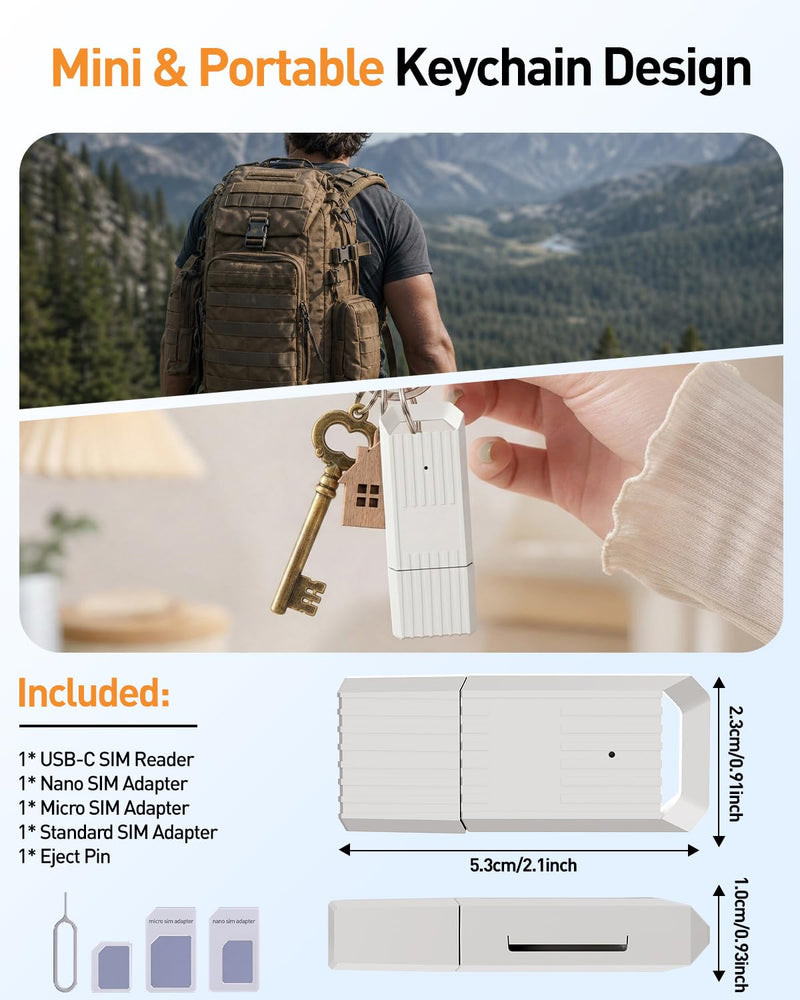 USB C SIM Card Reader, Type-C to SIM Adapter for Windows Laptop/PC, Read & Backup Contacts/Messages, Compatible with Nano/Micro/Standard SIM Cards
