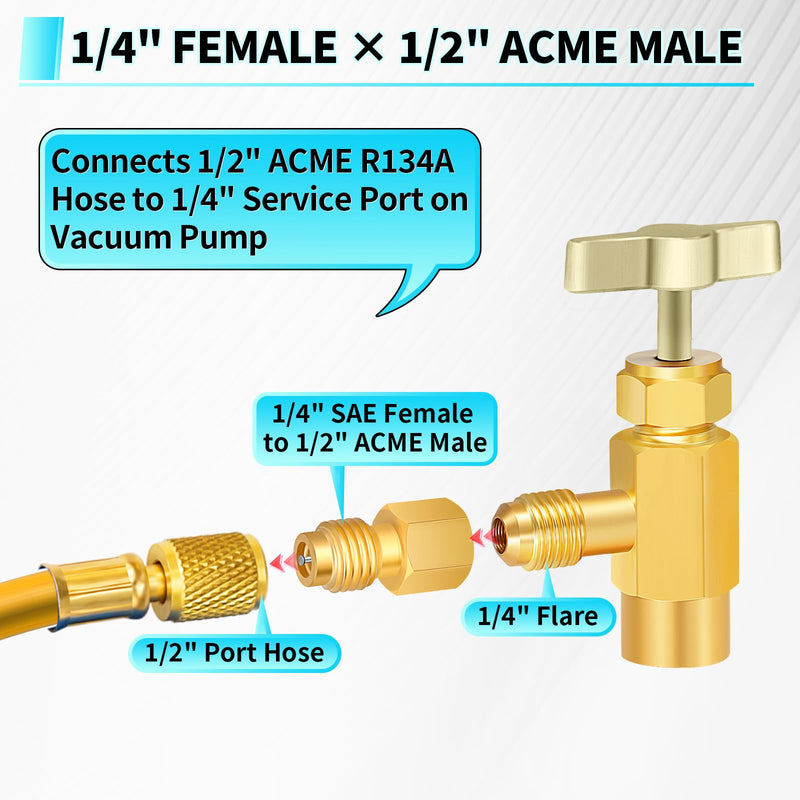 Boltigen R134a Refrigerant Tank Adapters, R12 R22 to R134a Adapter Connector, 1/2 to 1/4 Flare R134a Vacuum Pump Adapter Fittings with Valve Core Remover R134A Adapters