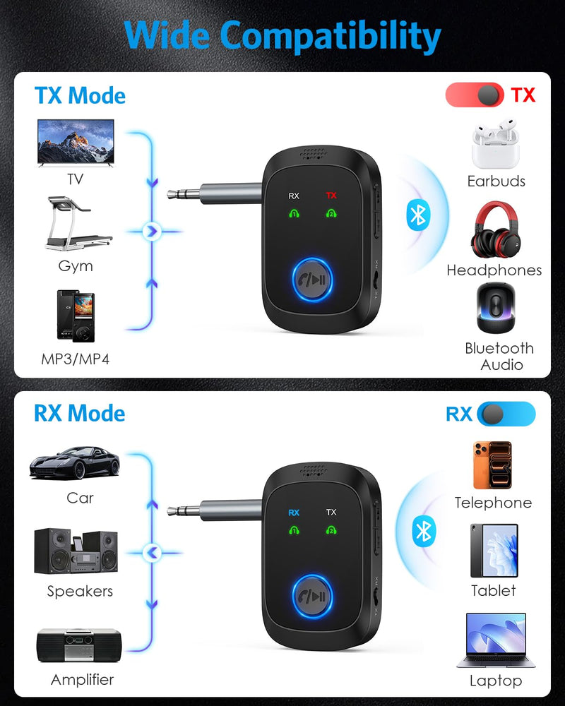 Bluetooth 5.4 Transmitter Receiver, 2-in-1 Car AUX Adapter | Wireless Bluetooth Adapter for Car with Hands-Free Calls, 3.5mm AUX Audio Adapter for TV/Car/Airplane /Home Stereo