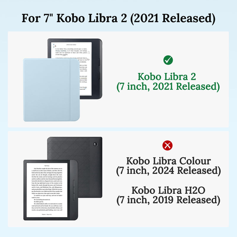 Magnetic Rotating Stand Case for 7" Kobo Libra 2 (2021) | Magnetic Detachable, Auto Wake/Sleep, Adjustable Stand, Anti-Slip Grooves, Clear PC Case, Soft TPU Edge, Light Blue 7" Kobo Libra 2 2021 Released