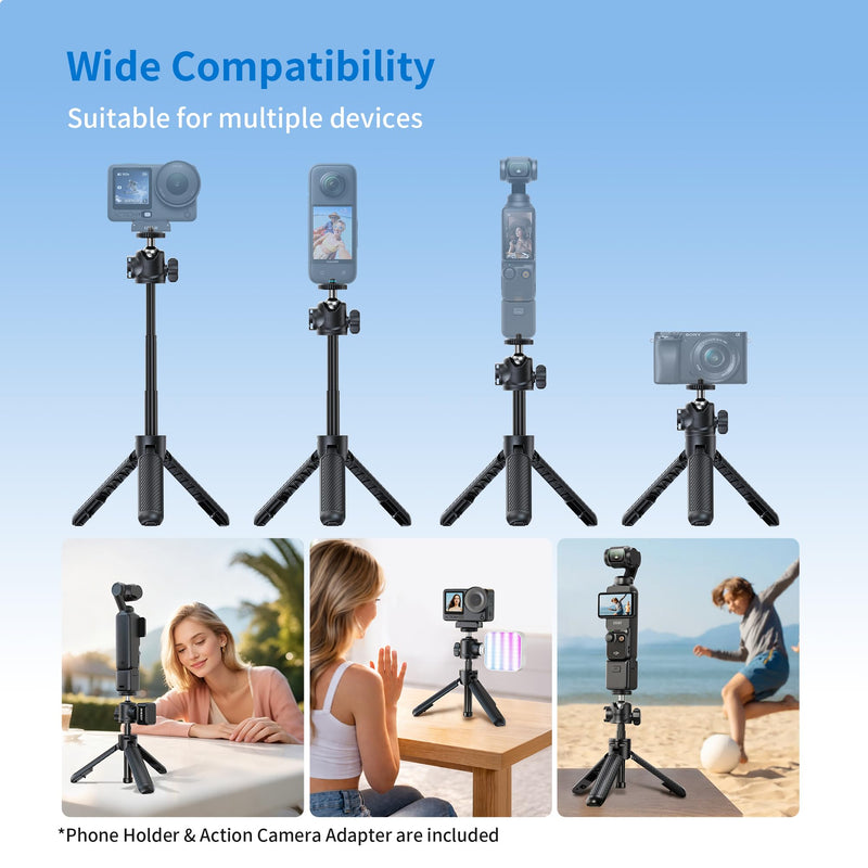 Auto Open 360° Rotation Invisible Selfie Stick for DJI Osmo 360/Insta 360 | LEEKAI PX05 11.8" Desktop Stand w/Cold Shoe&Claw Adapter&Phone Holder for Osmo Pocket 4P/4/3, Action 6, Insta360 Luna Ultra Black