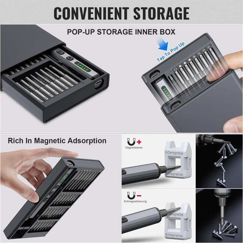 Mini Electric Screwdriver, 3.7V Precision Screwdriver Set Cordless Screwdriver Rechargeable 72 In 1 Magnetic Bit Repair Tech Tool Kit for Electronics Computer Phone Laptop Camera RC Car Watch Glasses 72 Grey