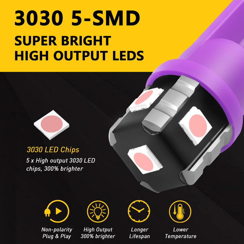 PHINLION 194 LED Light Bulb Purple 168 2825 W5W T10 Wedge 5-SMD 3030 Chipsets LED Replacement Bulbs for Car Interior Dome Map Door Courtesy Parking License Plate Lights, Pack of 10