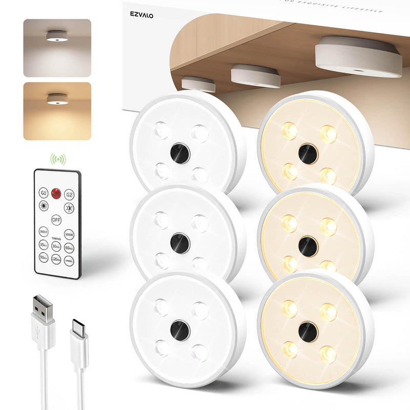 EZVALO Puck Lights with Remote Control, Rechargeable LED Battery Operated, Wireless, Group Control, Dimmable Under Cabinet/ Counter Lighting Closet Light (6 Pack) 6 Pack