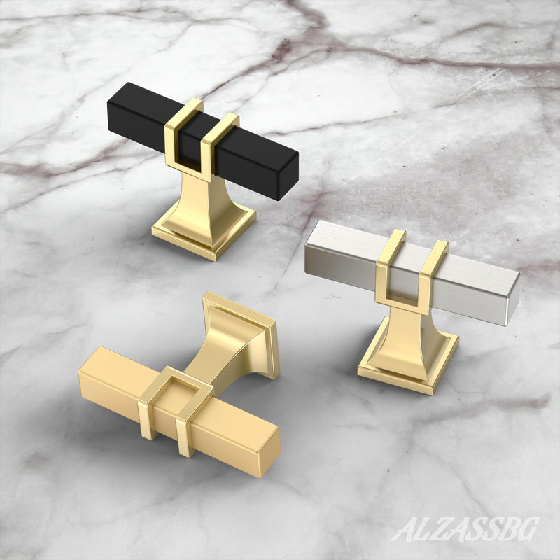 Alzassbg 10 Pack Gold Cabinet Knobs, 2 Inch(51mm) Diameter Cabinet Hardware Square T Bar Knobs for Cupboard and Drawers AL6094BB 2" Diameter