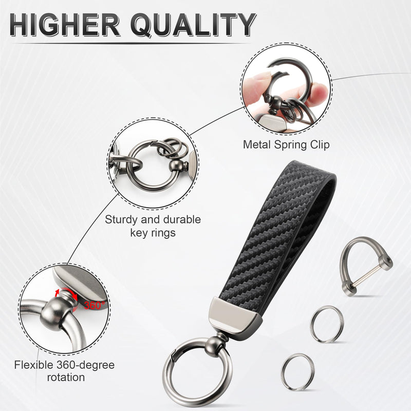 JUSTTOP Leather Keychain, Carbon Fiber Car Key Chain with Anti-Lost D-Ring and 2 Key Ring, Car Accessories (Black) Carbon Fiber-black
